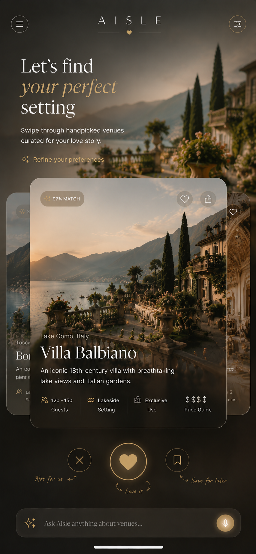 AISLE venue swiping screen showing a matched villa on Lake Como