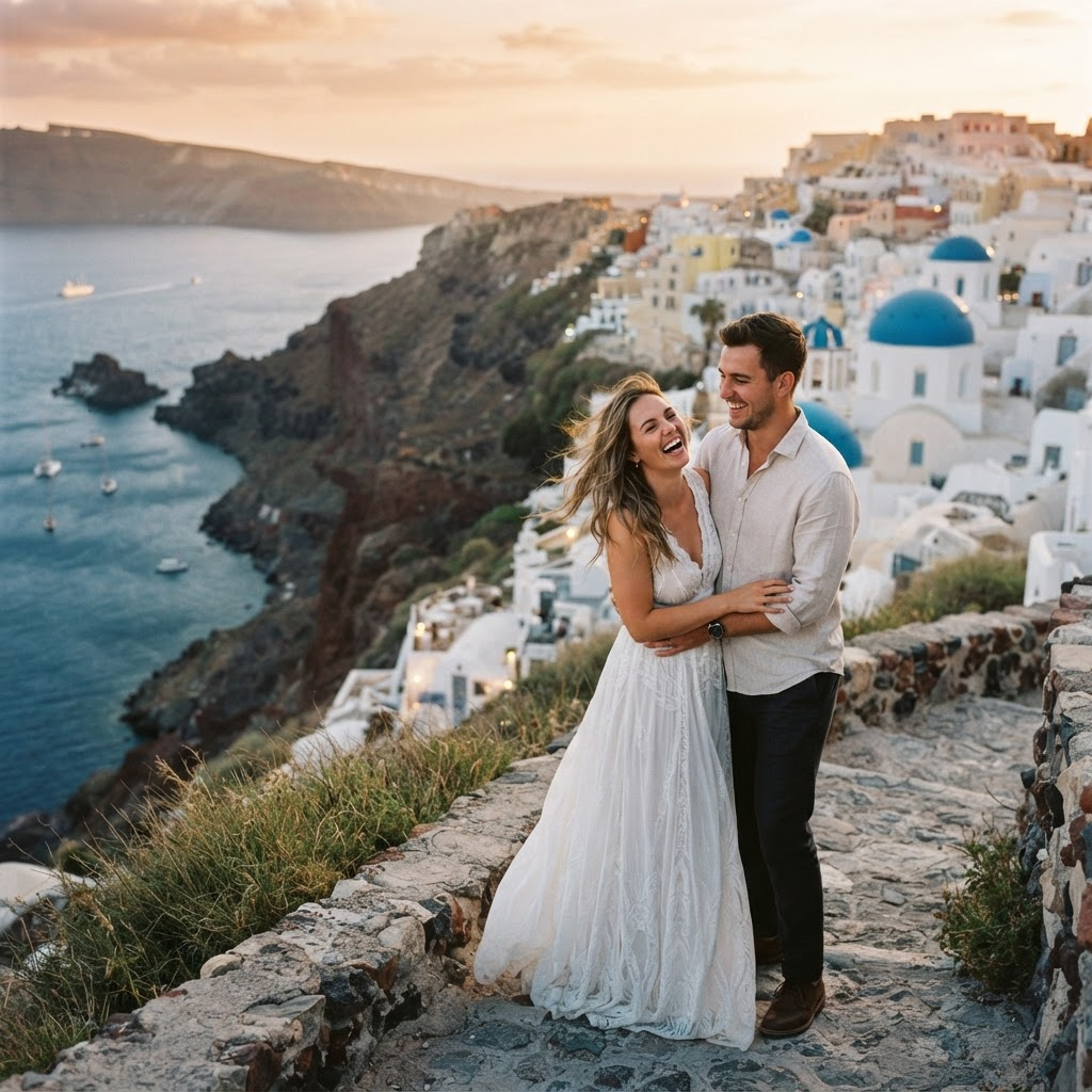 A couple laughing on a cliffside in Santorini at golden hour