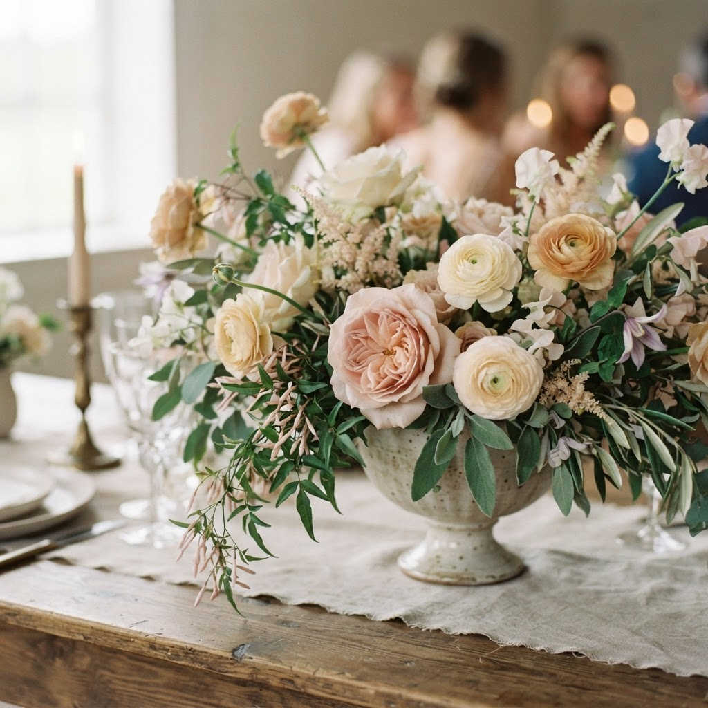 A luxurious blush and cream wedding floral arrangement