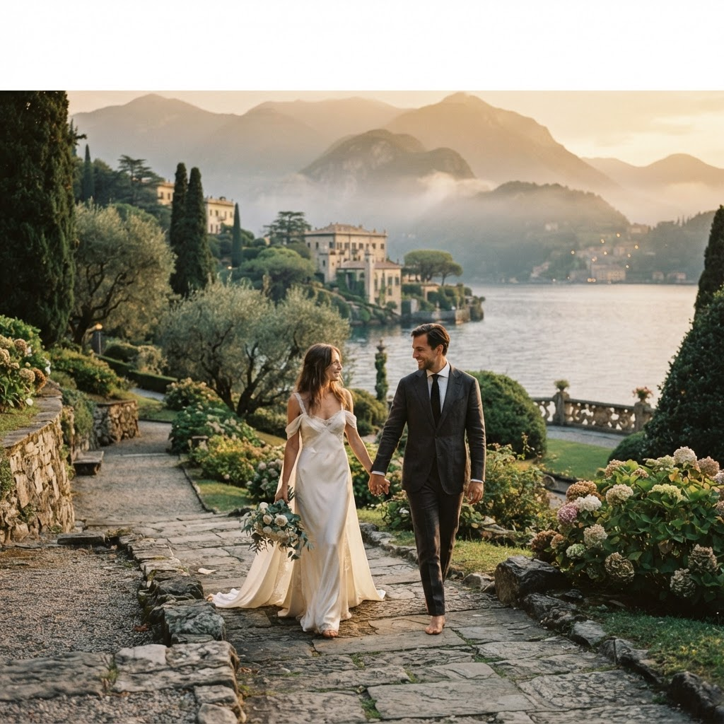 A couple walking through the grounds of an Italian villa at golden hour
