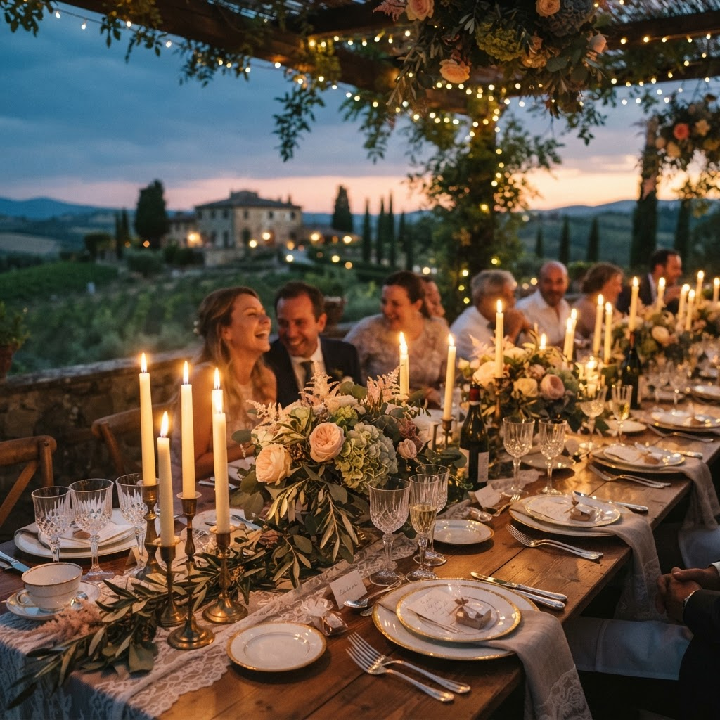 An elegant candlelit wedding reception table at dusk